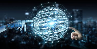 Beyaz robot el dijital dünya hud arabirimi 3d işleme kullanarak
