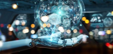 Dijital grafik arabirimi 3d rendering kullanarak beyaz cyborg ele