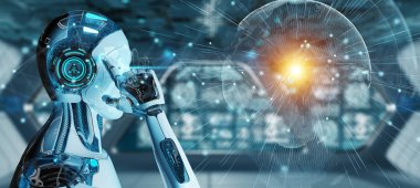 Beyaz adam cyborg Planet Earth arabirimi 3d işleme kullanarak