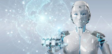 Beyaz kadın cyborg Planet Earth arabirimi 3d işleme kullanarak