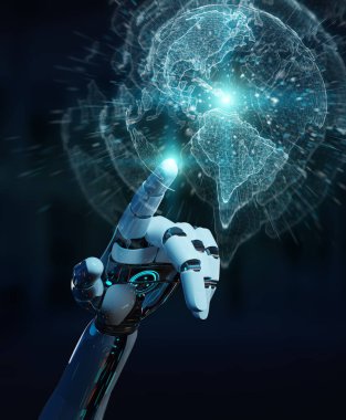 Planet Earth arabirimi 3d rendering kullanarak beyaz cyborg ele