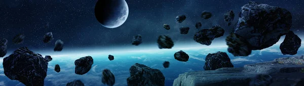 Panoramic view of planet Earth with asteroids flying close 3D re — Stock Photo, Image