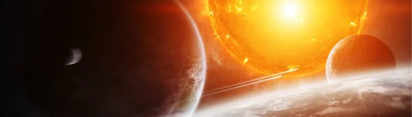 Exploding sun in space close to planet 3D rendering elements of