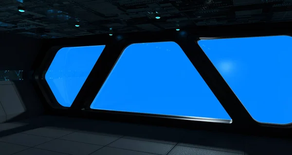 Futuristický interiér kosmické lodi s výhledem na okna — Stock fotografie