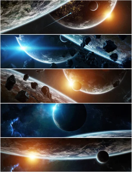 Panorama del sistema planetario distante en el espacio Elementos de representación 3D — Foto de Stock