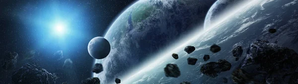 Panorámás kilátás nyílik a távoli Naprendszer 3d rendering e bolygók — Stock Fotó