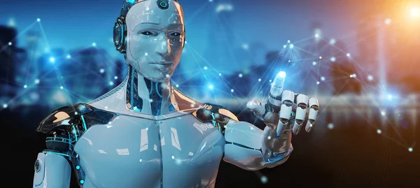 Robot hombre blanco usando conexión de red digital 3D renderizado — Foto de Stock