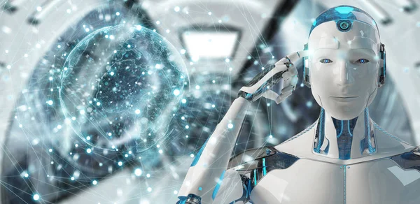 Белый робот-мужчина с помощью цифрового экрана 3D рендеринг — стоковое фото
