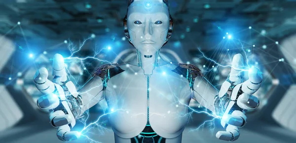 Mujer blanca robot usando conexión de red digital 3D renderizado —  Fotos de Stock