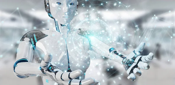 Λευκή γυναίκα ρομπότ χρησιμοποιώντας ψηφιακή οθόνη διασύνδεση 3d rendering — Φωτογραφία Αρχείου