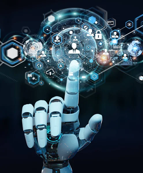 White robot hand using digital screen interface 3D rendering — Stock Photo, Image