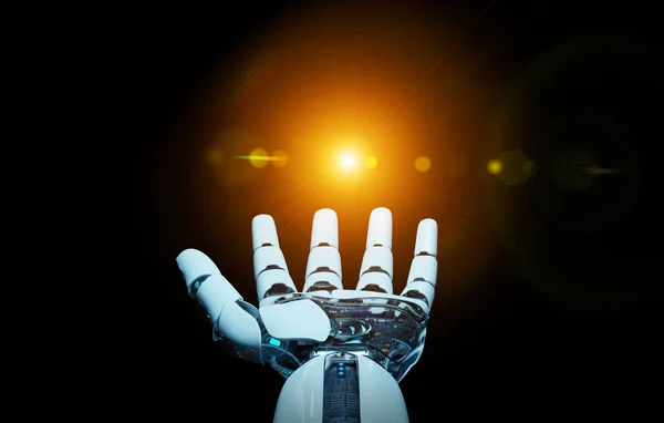 Cyborg alb deschizându-și mâna redare 3D — Fotografie, imagine de stoc