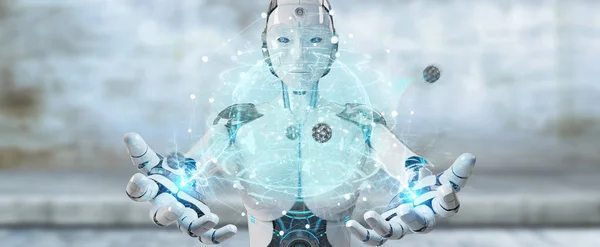Mujer blanca cyborg usando planeta Tierra interfaz 3D renderizado — Foto de Stock