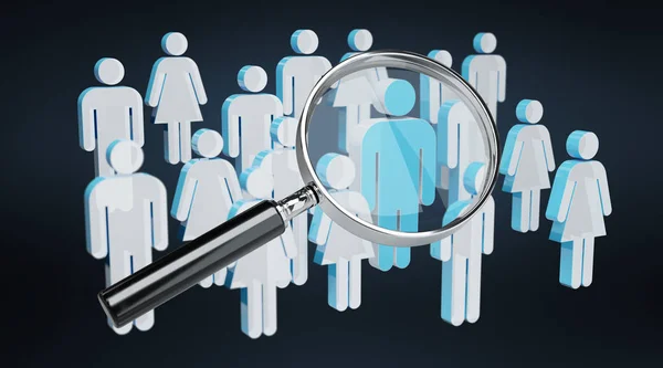 Magnifying glass recruiting people illustration 3D rendering