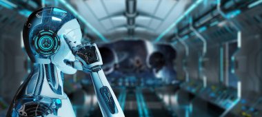 Beyaz erkek cyborg düşünme ve kafasını 3d render dokunmadan