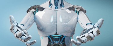 Beyaz erkek cyborg 3d Render mavi arka plan üzerinde izole onun iki eli açma