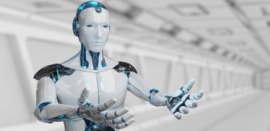 Onun iki açılış beyaz erkek robot uzay arka plan 3d render eller