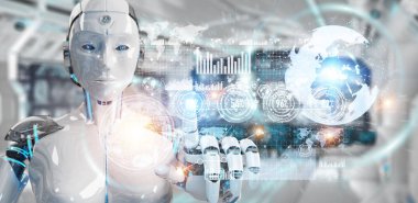 Beyaz kadın cyborg dijital veriler arabirimi 3d işleme kullanarak