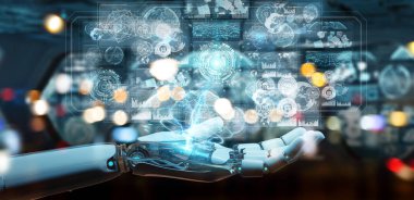 Dijital veriler arabirimi 3d rendering kullanarak beyaz cyborg ele