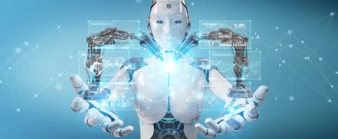 Beyaz kadın robot robotik kol dijital ekran 3d ren ile kullanma