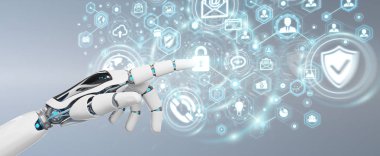 Siber güvenlik veri arabirimi 3d renderin kullanarak beyaz robot el
