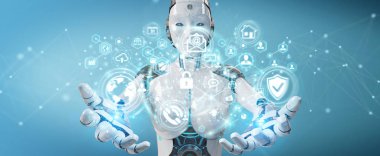 Siber güvenlik veri arabirimi 3d renderi kullanarak beyaz kadın robot