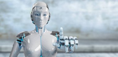 Beyaz kadın cyborg işaret parmağını 3d render