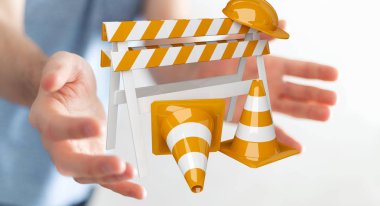 Dijital 3d render altında inşaat işaretleri kullanarak iş adamı