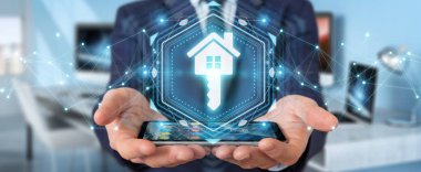 Emlak dijital arabirimi 3d rendering kullanarak iş adamı