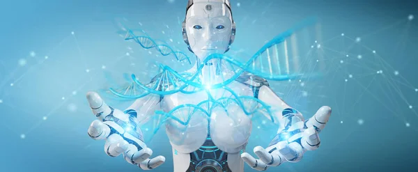 Белая женщина-киборг сканирует человеческую ДНК 3D рендеринг — стоковое фото