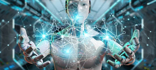 Киборг белого человека с использованием цифрового сетевого подключения 3D рендеринг — стоковое фото
