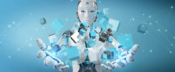 White cyborg using blue digital cube structure 3D rendering — Stock Photo, Image