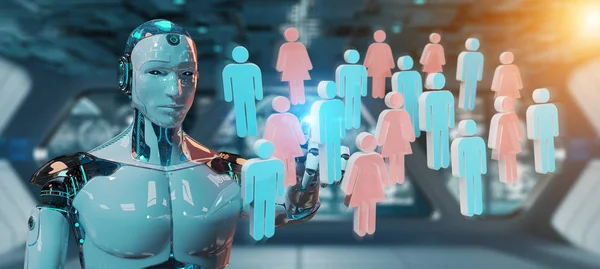 White cyborg controlling group of people 3D rendering