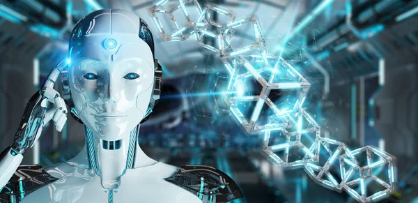 Белый робот, создающий будущую технологию 3D рендеринга — стоковое фото