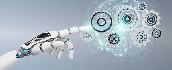 White humanoid robot hand using digital gears 3D rendering