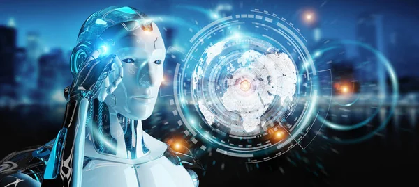 Vita manliga cyborg använder digitala datas gränssnitt 3d-rendering — Stockfoto
