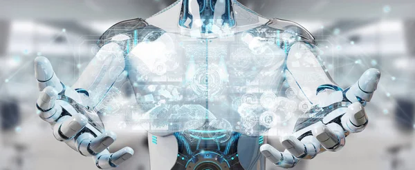 Cyborg masculino blanco usando la representación 3D de la interfaz de los datos digitales — Foto de Stock