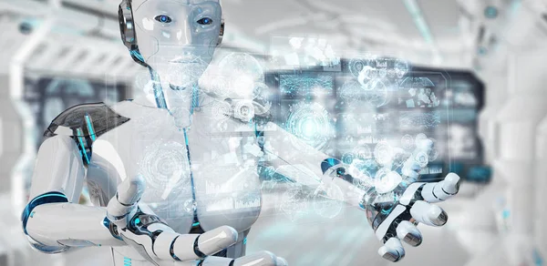 Hvit kvinne cyborg bruker digital datas grensesnitt 3D-rendering – stockfoto