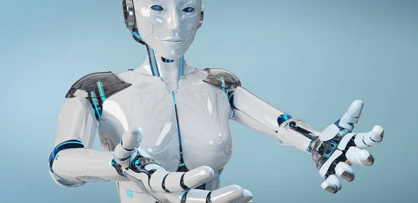 Hvit kvinne cyborg åpner sine to hender 3D-gjengivelse – stockfoto