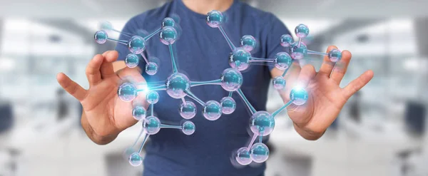 Бізнесмен, використовуючи сучасну структуру молекул 3D рендеринга — стокове фото