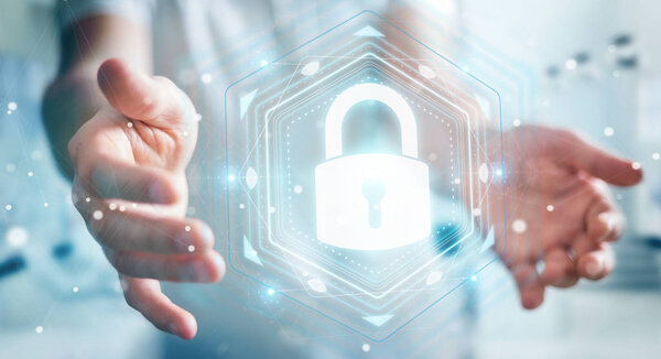 Businessman protecting his datas with security interface 3D rend