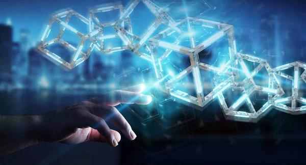 Geschäftsmann mit digitaler blauer Blockchain 3D-Rendering — Stockfoto