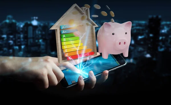 Businessman saving money with good energy chart rating 3D render