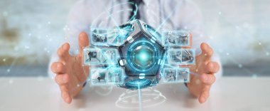 İşadamı fütüristik kullanarak güvenlik kamera 3d render robot