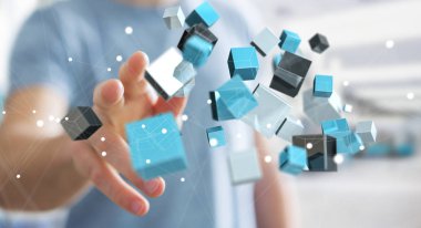 Kayan mavi parlak küp ağ 3d renderi dokunmadan işadamı