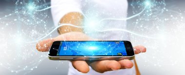 Dijital ağ bağlantısı küre 3B oluşturmayı kullanarak iş adamı