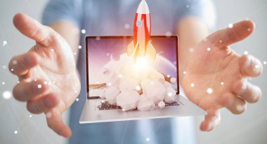 Bir laptop 3d render roket başlatılması ile iş adamı