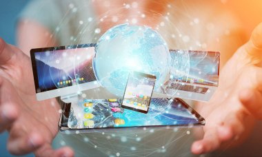 İşadamı teknik cihazlar ve simgeler uygulamaları 3d re bağlanılıyor