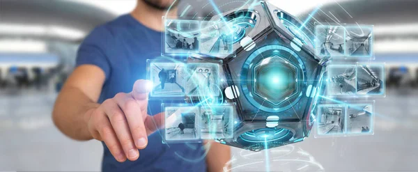 Empresario usando cámara de seguridad futurista de drones renderizado 3D —  Fotos de Stock