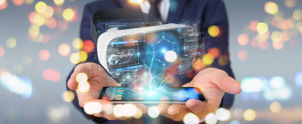 Бизнесмен, использующий технологию 3D рендеринга очков виртуальной реальности
